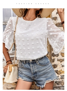 Detail of white Swiss dot chiffon blouse with flutter sleeves and textured fabric