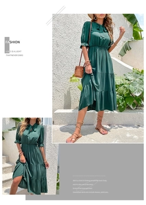 Detail of dark green tiered maxi dress featuring puff sleeves and a silk-like texture