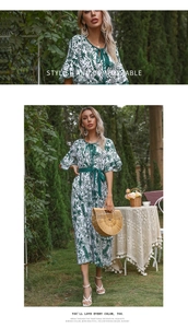 Detail of tropical leaf print on white maxi dress with ruffled sleeves and green belt