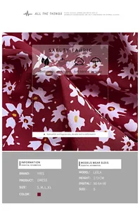 Size chart and fabric details of French floral wrap dress with red daisy print