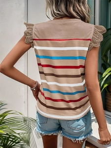 Detail of khaki striped sleeveless top with delicate lace trim on armholes and back view