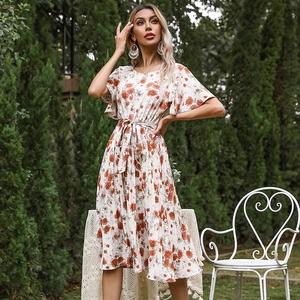 Women Floral Ruffle Sleeve Round Neck Tie Waist Midi Dress Summer Casual Elegant Rose Print Polyester Flowy Vacation Dress