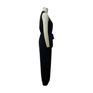 Side view of a black sleeveless bodysuit with V-neckline and crossed bandage details