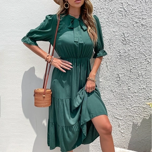 Women Casual Viscose Tiered Midi Dress Short Puff Sleeve Bow Tie Neck Solid Color Bohemian A-Line Vacation Sun Dress