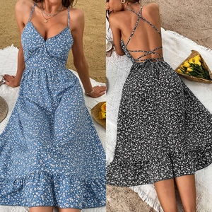 Women Elegant Floral Print V-Neck Spaghetti Strap Backless Midi Dress Sexy High Waist Ruffle Hem Summer Vacation Sun Dress