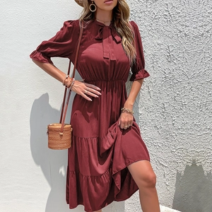 Short sleeve wine red tiered midi dress with pussy-bow tie and puff sleeves for summer