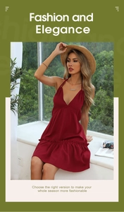 Detail of burgundy V-neck halter dress featuring elegant ruffled hem and backless design