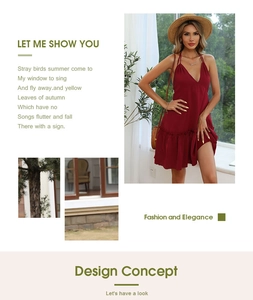 Detail of burgundy V-neck backless summer dress with elegant ruffle hem and halter design