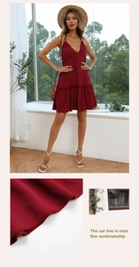 Detail view showing the neat stitching and fine workmanship of the burgundy halter dress
