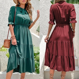 Short sleeve midi tiered dress with bow neck tie and ruffled lantern sleeves