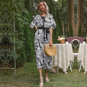 Women Vintage Tropical Leaf Print V-Neck Maxi Dress Short Flutter Sleeve High Waist Lace-Up Bohemian Vacation Long A-Line Dress