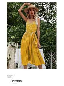 Detail of yellow polka dot midi dress showing the V-neckline and adjustable waist tie