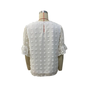 Detail view of the Swiss dot fabric texture and back button closure on white chiffon top