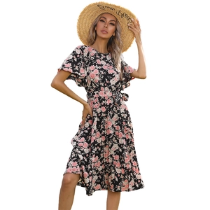 Floral print summer dress with pink roses, round neck, and ruffle sleeves on black fabric