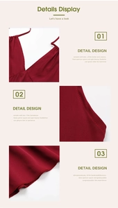 Detailed views of wine red satin dress showing deep V-neckline and fine strap craftsmanship