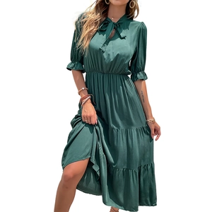 Elegant dark green bow-tie neck midi dress with elastic waist and ruffled tiered skirt