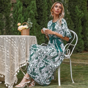 French style floral V-neck maxi dress with green leaf print and ruffled tiered sleeves