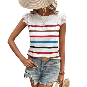 Women's summer short sleeve striped t-shirt with elegant white lace flutter sleeves