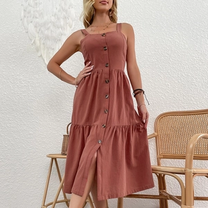 Sleeveless cotton linen backless dress with buttons and ruffled hem in terracotta