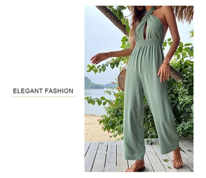 Detail eines hellgrünen Neckholder-Jumpsuits mit Rückenschnürung und weitem Bein