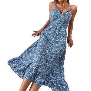 Sky blue floral summer dress with thin straps, V-neck, and elegant ruffled hemline