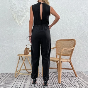 Women's sexy black backless jumpsuit with V-neck cross straps and elastic waist design