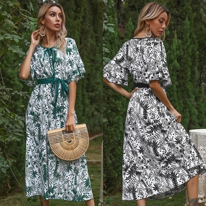 French style floral print maxi dress with V-neck, ruffle sleeves, and waist tie for summer