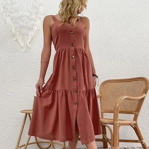 Rust red cotton linen tiered maxi dress with button-front and spaghetti straps style