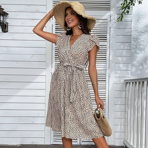 Women V Neck Leopard Print Dress Khaki Short Flounce Sleeve Wrap Tie Waist Summer Casual Vacation A-Line Midi Dress