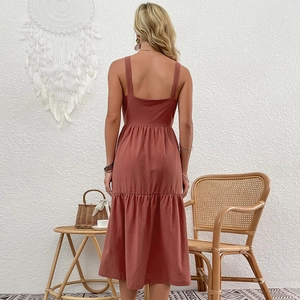 Brick red backless cotton linen midi dress with layered buttons and ruffled hemline