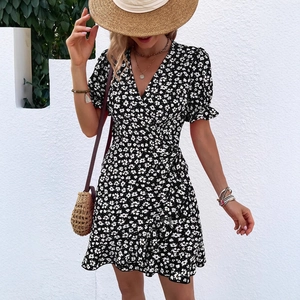 Women Summer Floral Print V Neck Wrap Ruffle Mini Dress Chiffon Short Sleeve Elegant Vacation Beach Short Sun Dress