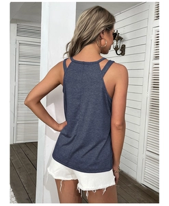 Detailed back view of a dark blue cold-shoulder tank top featuring hollow-out strap design