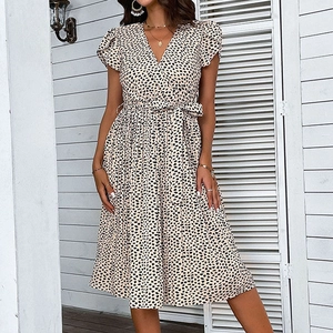 Women's V-neck leopard print summer beach dress with ruffle sleeves and waist tie