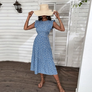 Damen Retro Blumen Midi Kleid Sommer Hohe Taille Rundhals Schmetterlingsärmel Gestufter A-Linie Elegant Urlaub Partykleid