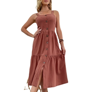 Women's summer brick red cotton linen camisole dress with tiered skirt and front buttons