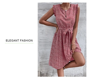 Detailed view of red floral summer dress with elegant neckline button and waist tie strap