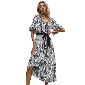 Summer French style V-neck maxi dress with black and white tropical leaf print and belt