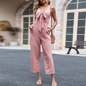 Women's Sexy V-Neck Cotton Blend Jumpsuit Pink Sleeveless High Waist Wide Leg Romper With Bow Tie Decoration Summer Holiday