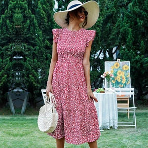 Vintage rotes Midikleid mit Blumenmuster, Rüschenärmeln und gestuftem Rock für den Sommer