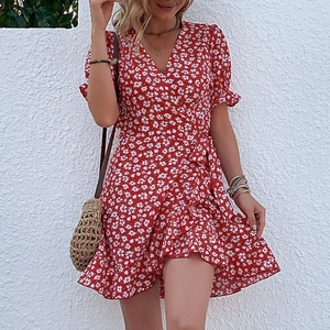 Women's summer red floral wrap dress with V-neck, ruffle hem and puff sleeves