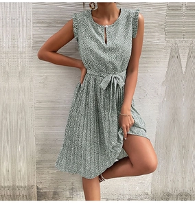 Detail of green floral sleeveless mini dress with drawstring waist and ruffle shoulder