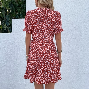 Sexy red floral mini dress with ruffle sleeves and hemline for summer fashion
