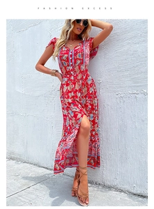 Detail view of ethnic floral print and split hem on V-neck boho maxi dress