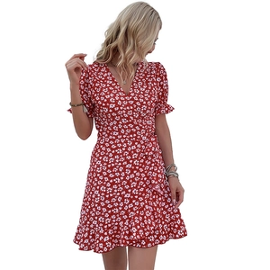 Red floral mini dress with deep V-neck ruffle sleeves and wrap waist design