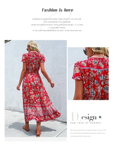 Detail of V-neckline and red floral chiffon fabric on bohemian midi dress with split