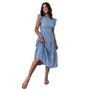Vintage Midikleid mit Blumenmuster, hoher Taille, Volantärmeln und gestuftem Rockteil
