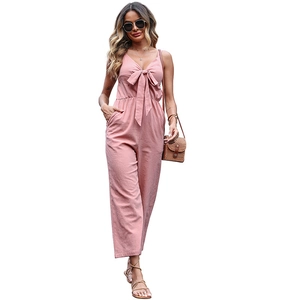Women's summer cutout jumpsuit in dusty rose with bow tie and wide leg silhouette