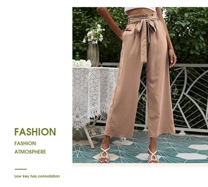 Pantalon large kaki à taille haute avec ceinture élastique et nœud assorti pour femmes