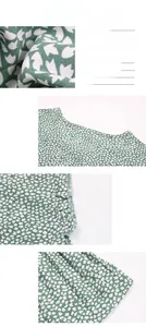 Detailed views of green floral dress with ruffle edges and lightweight fabric textures