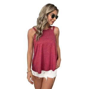 Women's burgundy halter neck summer top with casual loose fit and cut-out shoulder detail